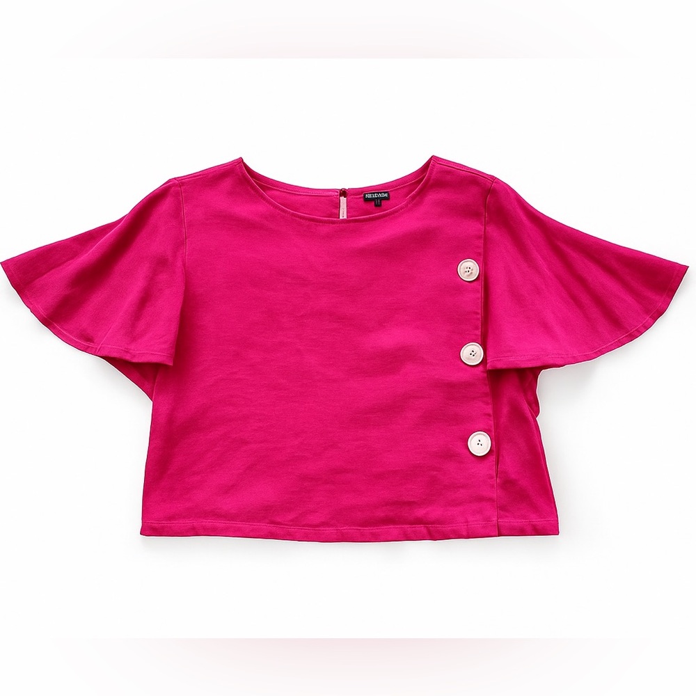 Kensie Hot Pink Linen Cotton Mixed Media Flutter Sleeve Boxy Casual Top - Small
